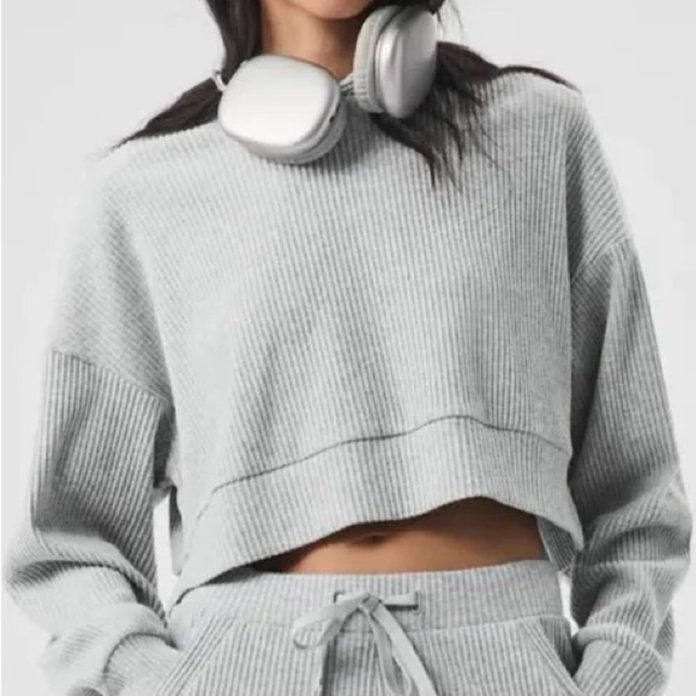 ALO Yoga Light Gray Ribbed Cropped Sweatshirt